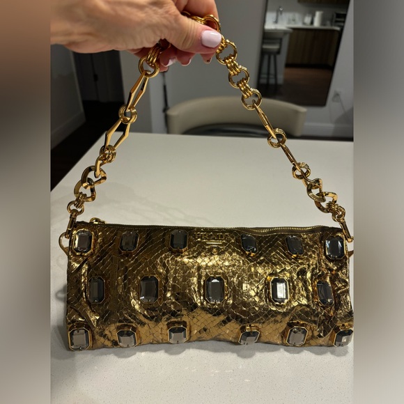 Prada Gold Python Whip Pietre Evening Clutch/Shoulder Bag with large Gemstones - Picture 10 of 17